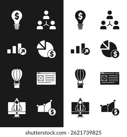 Set Pie chart and dollar, Financial growth, Light bulb with, Project team base, Hot air balloon, Browser window,  and Startup project concept icon. Vector