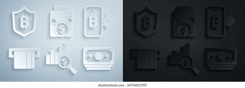 Set Pie chart and dollar, Mining bitcoin from mobile, Credit card inserted, Stacks paper money cash, Glass jar with and Shield icon. Vector