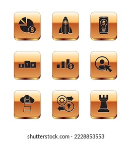 Set Pie chart and dollar, Stair with finish flag, Human resources, Business podium, Light bulb on mobile, Chess and Startup project concept icon. Vector