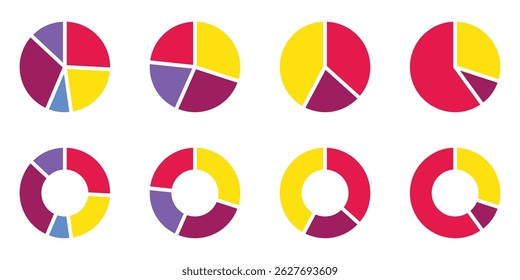 Set of pie chart graph design. Wheel round segment infographic part. Abstract data chart icon showing proportionate segments. Circle division infographic icon set. Pie chart divided