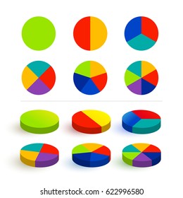 Set Pie Chart, Graphs In 1,2,3,4,5,6 Segments. Colorful Icons. Segmented Circles. Vector Illustration. Isolated On White Background