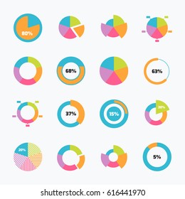 Set of pie chart icons in modern thin flat style. High quality black diagram symbols for infographic. Simple pie chart elements on a light background.