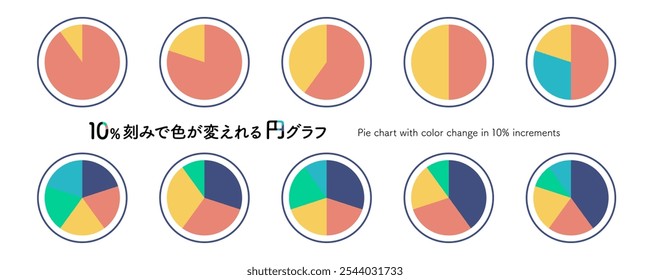 Conjunto de ilustrações de gráfico de pizza com alterações de cor em incrementos de 10%. Gráfico de porcentagem simples com 10 ícones de infográficos de pizza divididos. Conversão = Gráfico de pizza com alteração de cor em incrementos de 10%.