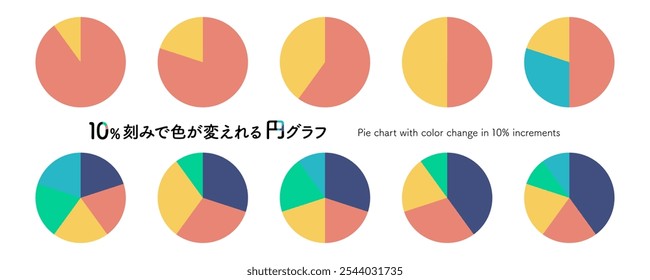 Conjunto de ilustrações de gráfico de pizza com alterações de cor em incrementos de 10%. Gráfico de porcentagem simples com 10 ícones de infográficos de pizza divididos. Conversão = Gráfico de pizza com alteração de cor em incrementos de 10%.