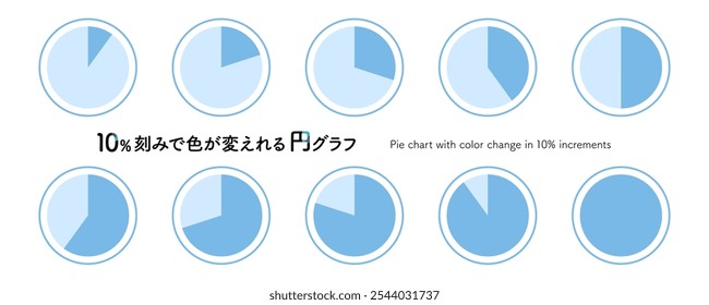 Conjunto de ilustrações de gráfico de pizza com alterações de cor em incrementos de 10%. Gráfico de porcentagem simples com 10 ícones de infográficos de pizza divididos. Conversão = Gráfico de pizza com alteração de cor em incrementos de 10%.