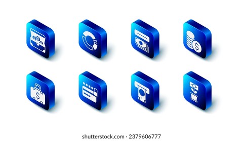 Set Pie chart infographic, ATM and money, Coin with dollar, Money plant the pot, Credit card lock, Briefcase and Treasure chest icon. Vector