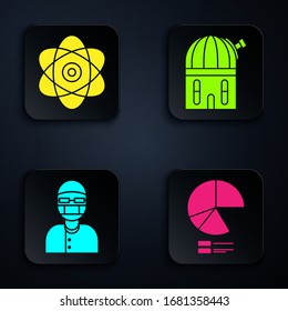 Set Pie chart infographic, Atom, Assistant and Astronomical observatory. Black square button. Vector
