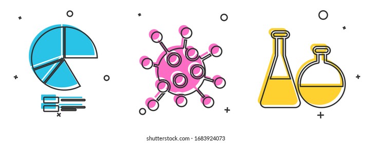 Coloque un icono de infografía de gráfico circular, bacterias y tubo de ensayo y laboratorio químico de frasco. Vector
