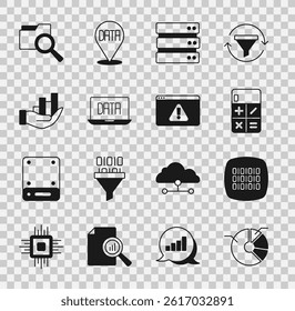 Set Pie chart infographic, Binary code, Calculator, Server, Data analysis, Search with folder and Browser exclamation mark icon. Vector