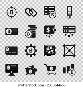 Set Pie Diagramm Infografik Bitcoin, Blockchain Technologie, Server, Bitcoin, Kreditkarte mit, das Ziel und Cryptowährung Geldbörse Symbol. Vektorgrafik