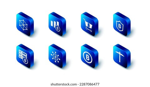 Set Pie chart infographic bitcoin, Shopping cart with, Shield, Pickaxe, Bitcoin, Blockchain technology, Server and  icon. Vector