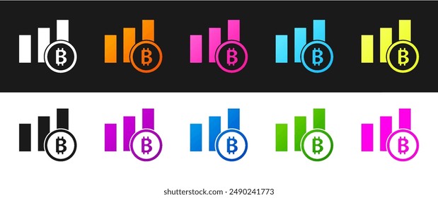 Setzen Sie das Tortendiagramm-Infografik-Bitcoin-Symbol isoliert auf schwarzem und weißem Hintergrund. Diagrammzeichen.  Vektorgrafik