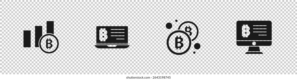 Establecer infografía de gráfico circular, bitcoin, minería desde la computadora portátil, Bitcoin e icono de monitor. Vector