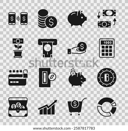 Set Pie chart infographic, Bitcoin, Calculator, Piggy bank, ATM and money, Money plant the pot, payment transfer and Hand giving icon. Vector