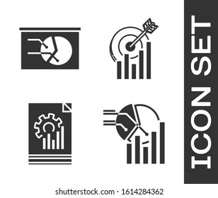 Set Pie chart infographic, Board with graph chart, Document with graph chart and Target with graph chart icon. Vector
