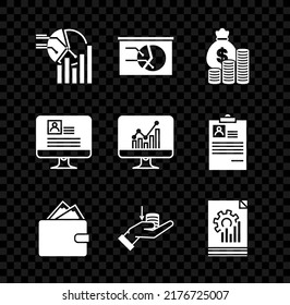 Set Pie chart infographic, Board with, Money bag and coin, Wallet stacks paper money cash, hand, Document, Computer monitor resume and  icon. Vector