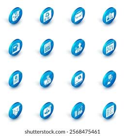 Set Pie chart infographic, Briefcase, Identification badge, Office folders, Business finance report, Calculator, Bitcoin browser and Financial growth and icon. Vector