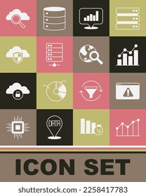 Set Pie chart infographic, Browser with exclamation mark, Server, Cloud and shield, Search cloud computing and globe icon. Vector