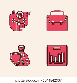 Set Pie chart infographic, Bull and bear of stock market, Briefcase and Shield money bag icon. Vector