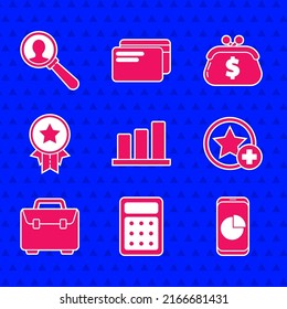 Set Pie chart infographic, Calculator, Mobile phone with, Star, Briefcase, Medal star, Wallet dollar and Magnifying glass for search people icon. Vector
