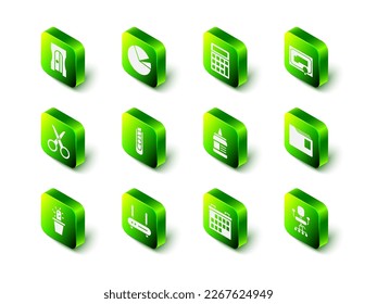 Set Pie chart infographic, Calculator, Certificate template, Document folder, Office chair, Glue, Calendar and Router and wi-fi signal icon. Vector