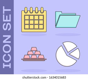 Set Pie chart infographic, Calendar, Gold bars and Document folder icon. Vector