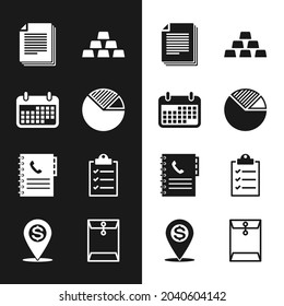 Set Pie chart infographic, Calendar, Document, Gold bars, Phone book and Clipboard with checklist icon. Vector