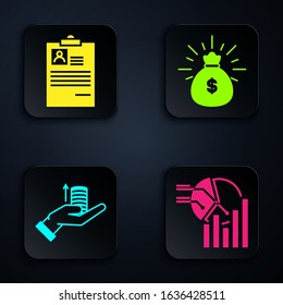 Set Pie chart infographic, Clipboard with resume, Money on hand and Money bag. Black square button. Vector
