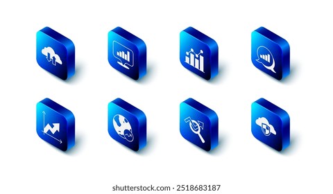 Establecer infografía de gráfico circular, nube y escudo, análisis de datos de Búsqueda, crecimiento financiero e ícono de Cargar de Descarga. Vector