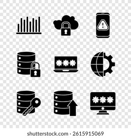Set Pie chart infographic, Cloud computing lock, Mobile with exclamation mark, Server security key, Server, Data, Web Hosting, Monitor password,  and Laptop icon. Vector