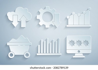 Set Pie chart infographic, Coal mine trolley, Monitor with password, Cost reduction and Cloud download and upload icon. Vector