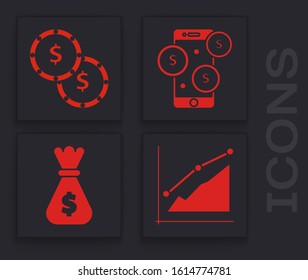 Set Pie chart infographic, Coin money with dollar symbol, Smartphone with dollar symbol and Money bag icon. Vector