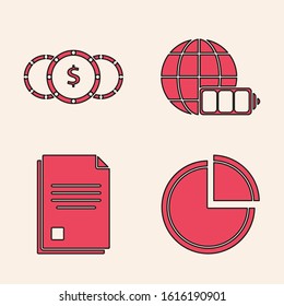Set Pie chart infographic, Coin money with dollar symbol, Battery charge level indicator with earth globe and File document icon. Vector