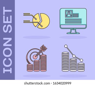 Set Pie chart infographic and coin, Pie chart infographic, Target with coin symbol and Computer monitor with resume icon. Vector