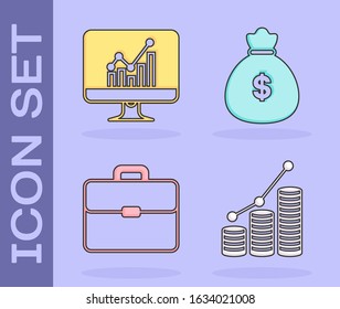 Set Pie chart infographic and coin, Computer monitor with graph chart, Briefcase and Money bag icon. Vector