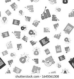 Set Pie chart infographic and coin, Target with coin symbol, Clipboard with graph chart and Money bag on seamless pattern. Vector