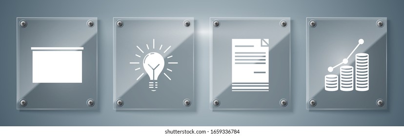 Set Pie chart infographic and coin, Document, Light bulb with rays shine and concept of idea and Chalkboard. Square glass panels. Vector