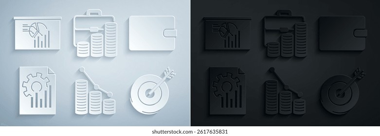Set Pie chart infographic and coin, Wallet, Document with, Target, Briefcase and Board icon. Vector