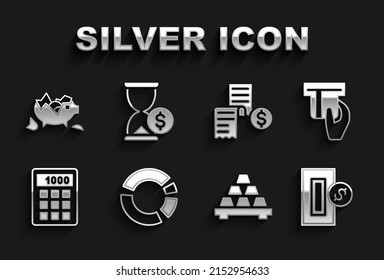 Set Pie chart infographic, Credit card inserted, Inserting coin, Gold bars, Calculator, Paper financial check, Broken piggy bank and Hourglass with dollar icon. Vector