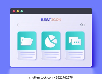 Set Pie chart infographic, Document folder and Speech bubble chat icon. Vector