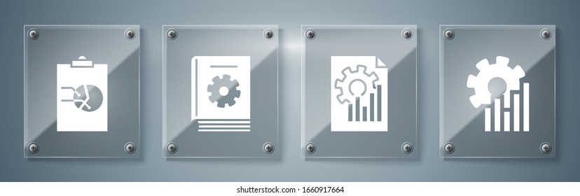 Set Pie chart infographic, Document with graph chart, User manual and Clipboard with graph chart. Square glass panels. Vector