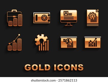 Set Pie chart infographic, Document with, Board, and coin, Computer monitor resume, Briefcase and Safe icon. Vector