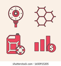 Set Pie chart infographic and dollar, Motor gas gauge, Chemical formula consisting of benzene rings and Antifreeze canister icon. Vector