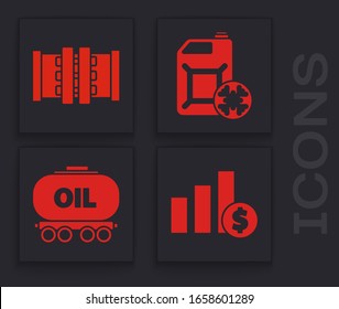 Fije el gráfico circular infográfico y el dólar, Pipas y válvula metálicas de la industria, cartucho anticongelante e icono de cisterna del ferrocarril del petróleo. Vector