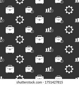 Set Pie chart infographic and dollar, Time Management, Briefcase and Briefcase and money on seamless pattern. Vector