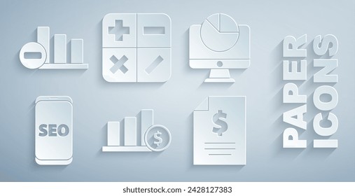 Set Pie chart infographic and dollar, Computer monitor with, Mobile phone SEO optimization, Contract money, Calculator and  icon. Vector