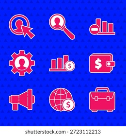 Conjunto de infografía de gráfico circular y dólar, globo terráqueo con, maletín, cartera, megáfono, equipo humano en el interior y usuario de icono de traje de negocios. Vector