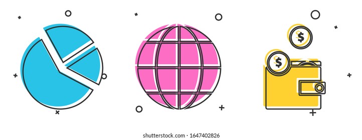 Ajuste gráfico circular infográfico, globo terrestre y Cartera con icono de monedas. Vector