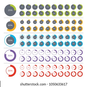 Set of pie chart infographic elements. 0, 5, 10, 15, 20, 25, 30, 35, 40, 45, 50, 55, 60, 65, 70, 75, 80, 85, 90, 95, 100 percents.