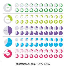 Set of pie chart infographic elements. 0, 5, 10, 15, 20, 25, 30, 35, 40, 45, 50, 55, 60, 65, 70, 75, 80, 85, 90, 95, 100 percents.